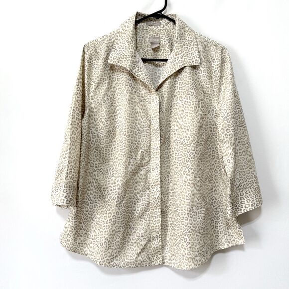 Chico’s Size 2 US 12/14 No Iron Leopard Print Pocket Detail Shirt Beige Classic - Picture 1 of 8